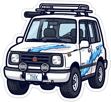 Sticker of our white Suzuki Sidekick with blue splash graphics and a THX license plate